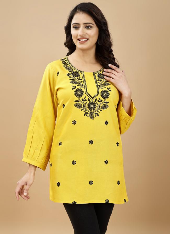 Rayon Yellow Casual Wear Embroidery Work Readymade Kurti